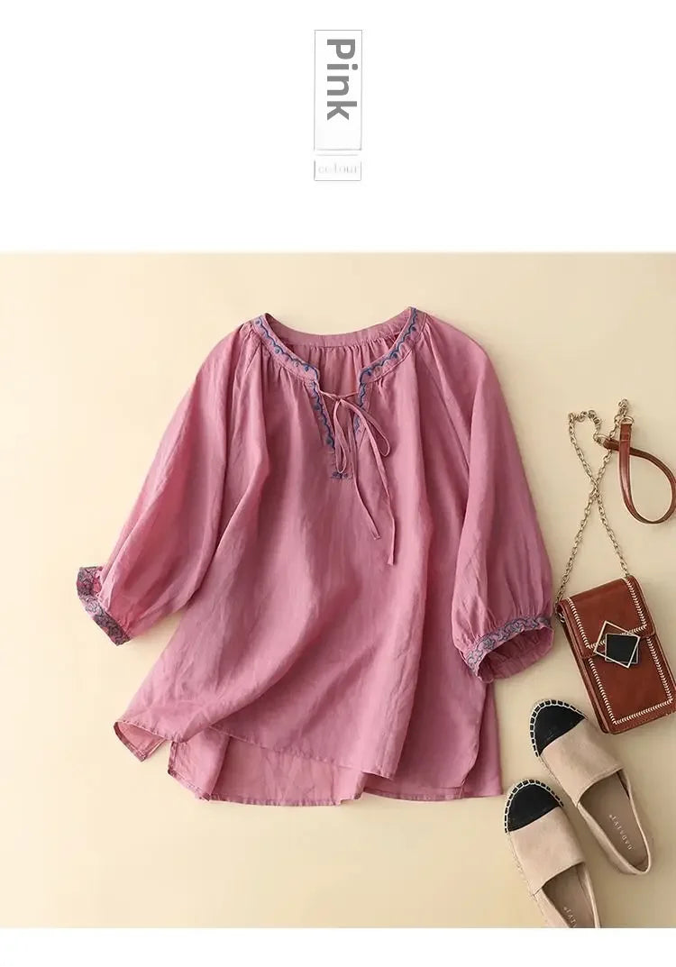 Women's Soft Cotton T-shirt™ V-neck 3/4 Sleeve Neckline Drawstring Summer Top