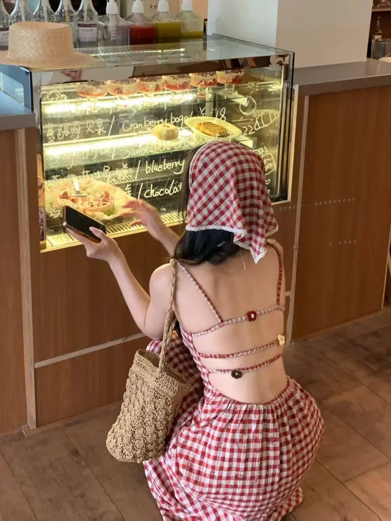 Women's Red Plaid Strapless Slim Fit Summer Dress™ French Style Backless Long Dress