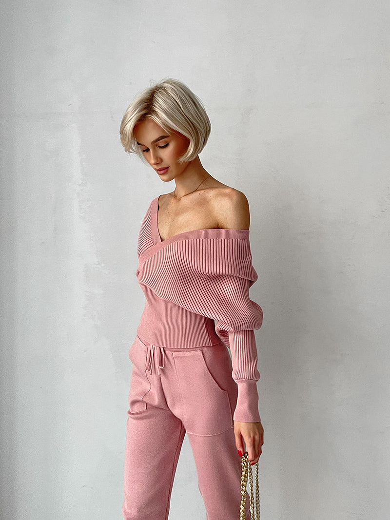 Women's Knitted Tracksuit™ Off Shoulder Knitted Long Sleeve Sweater  and Pants Suits