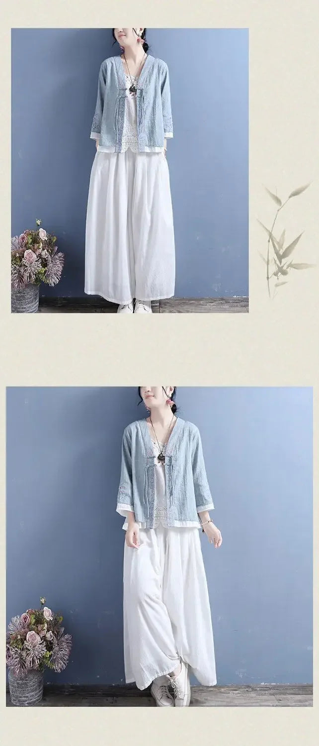 Women's V-neck Cotton Cable Knit T-shirt™ Double Button Seven Half Sleeve Vintage Cardigan