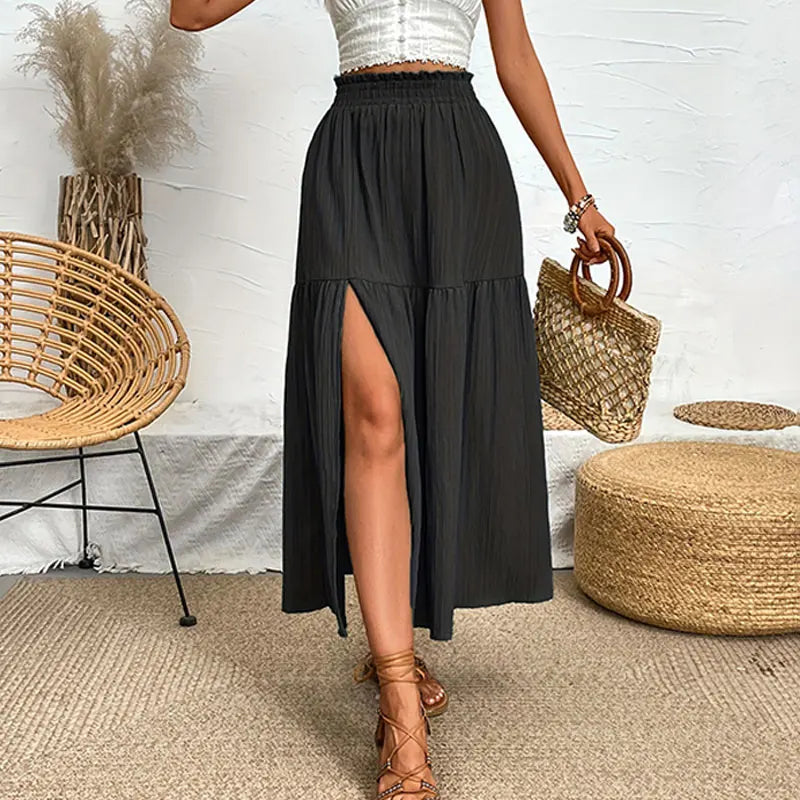 Women Bohemian Midi Skirt™ High Waist Solid A Line Ruffle Side Slit Skirts