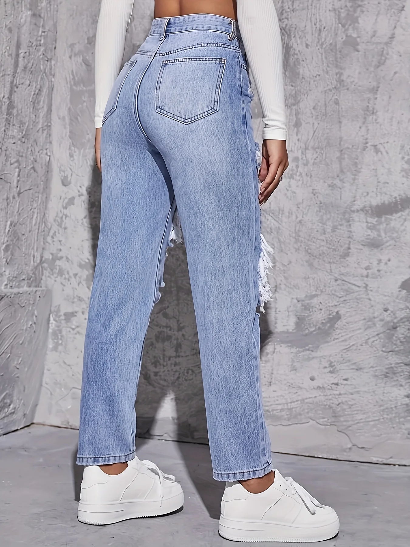 Women's Retro Hole-punched Jeans™ High Waist Straight Loose Slim Dragging Pants