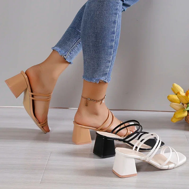 Women's Sandals™ Ladies Square Heels Outside Cross Tied Leather Sandals