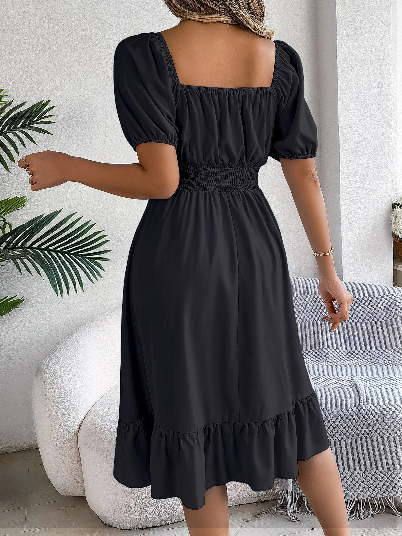 Women's Solid Puff Sleeve Square Neck Dress™ Ruched Bust Ruffle Hem Waist Dress,