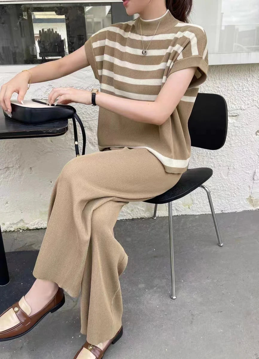 Women's Summer Suit™ 2 Pieces Set O-Neck Sleeves Tank Top Stripe Sweater Wide Leg Pant Set Outfit