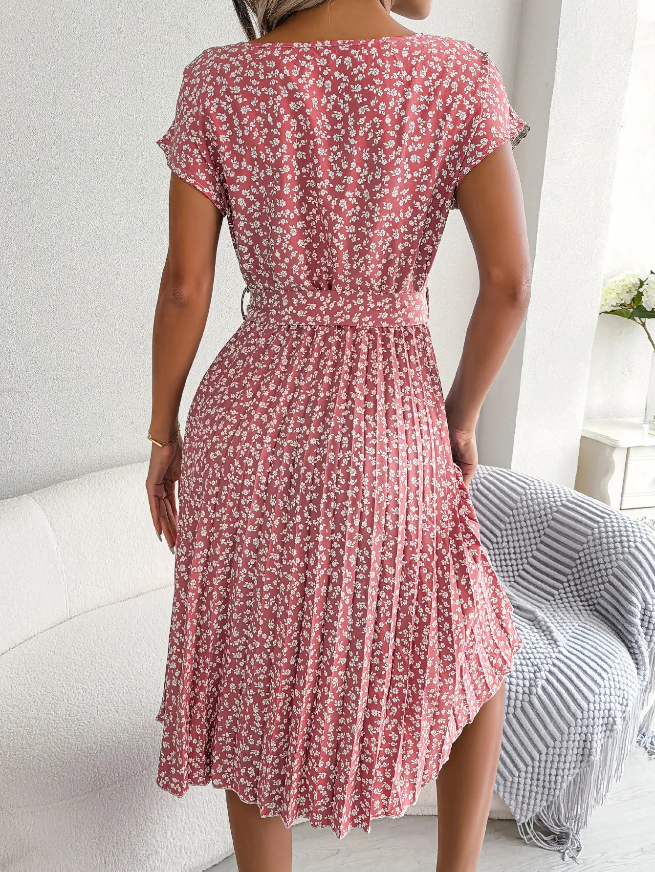 Women Dresses™ Spring Summer Short Sleeve High Waist Floral Pleated A Line Long Dress