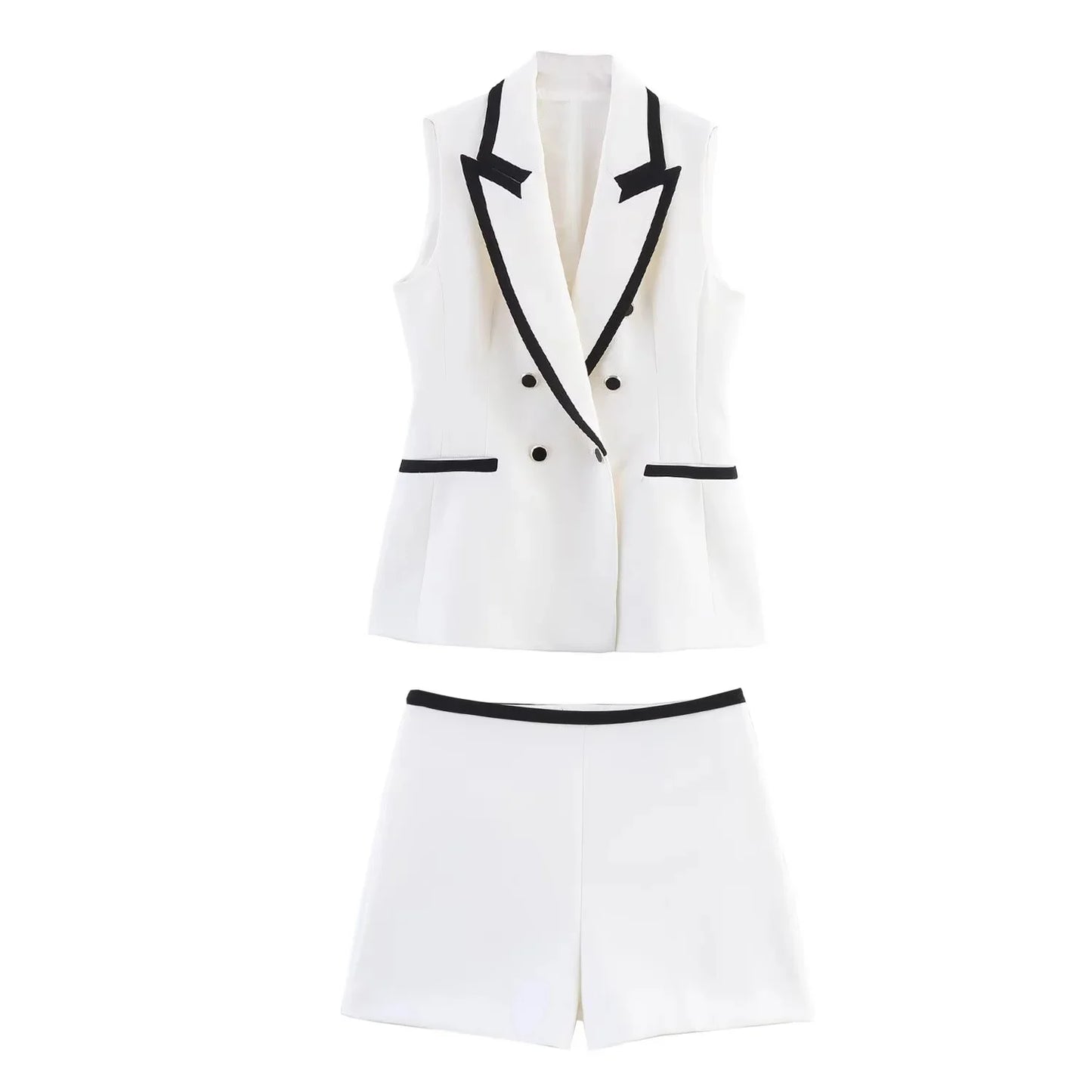 Women's Summer Suit™ TRAFZA Causal Chic Patchwork V Neck Double Breasted Vest Blazer Straight Shorts Spring Summer Sets