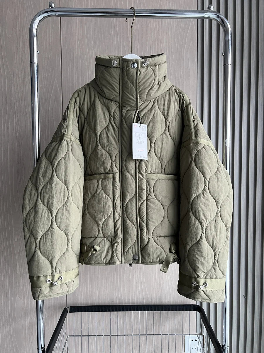 Women's Quilted Coat™ drawstring ties high neck pocket clip cotton jacket for women
