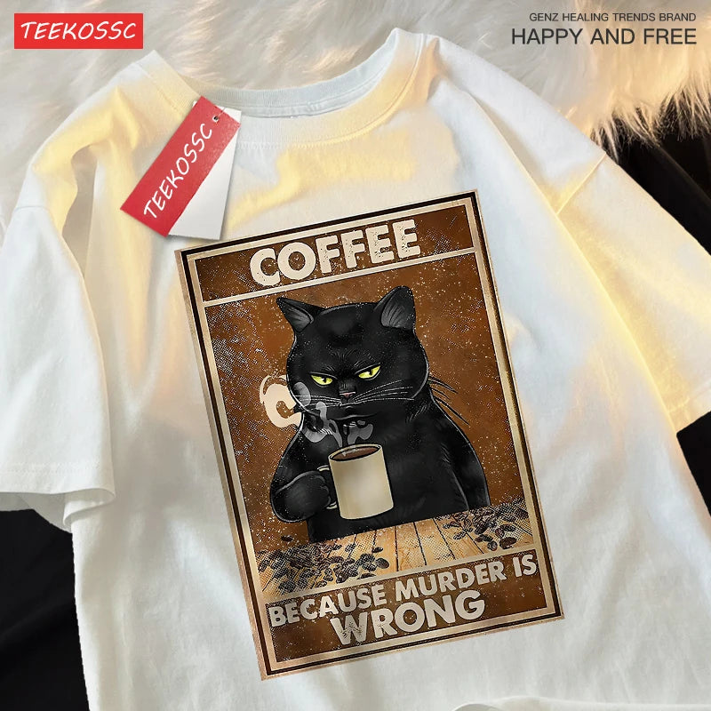 Men & Women Oversized T Shirts™ Black Cat Drink Coffee Cotton Streetwear T-Shirt
