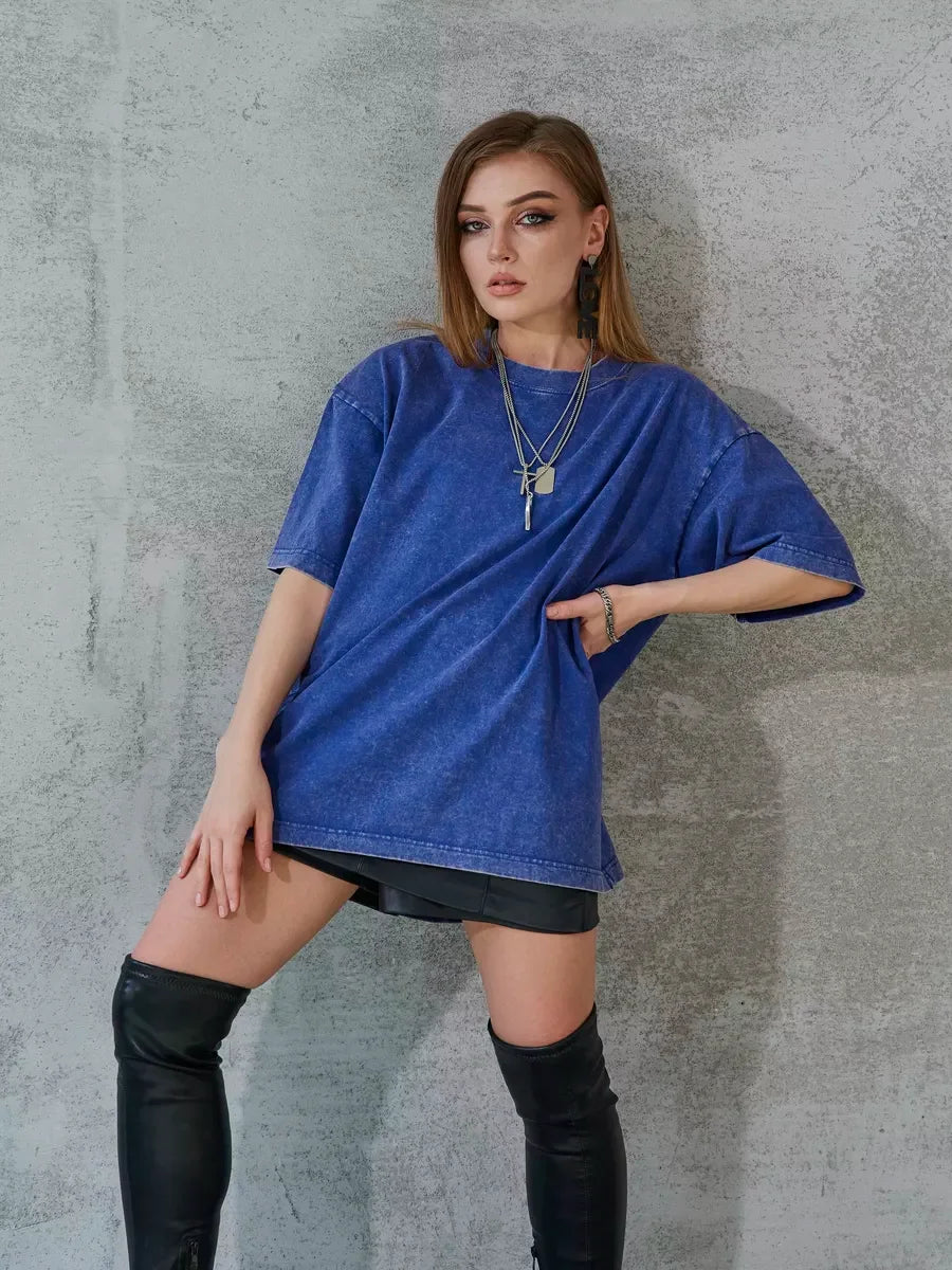 Women's Cotton Washed T-shirt™ O-Neck Oversized Solid Short Sleeve Tops