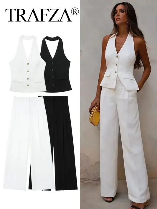 Women's TRAFZA Suit™ Halter Single Breasted Sleeveless Blazer Vest Top + Zipper Fly Trousers Sets