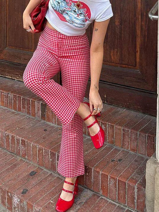 Women's Red Straight Leg Flare Pants™ High Waist Plaid Checkerboard Y2k Vintage Trousers
