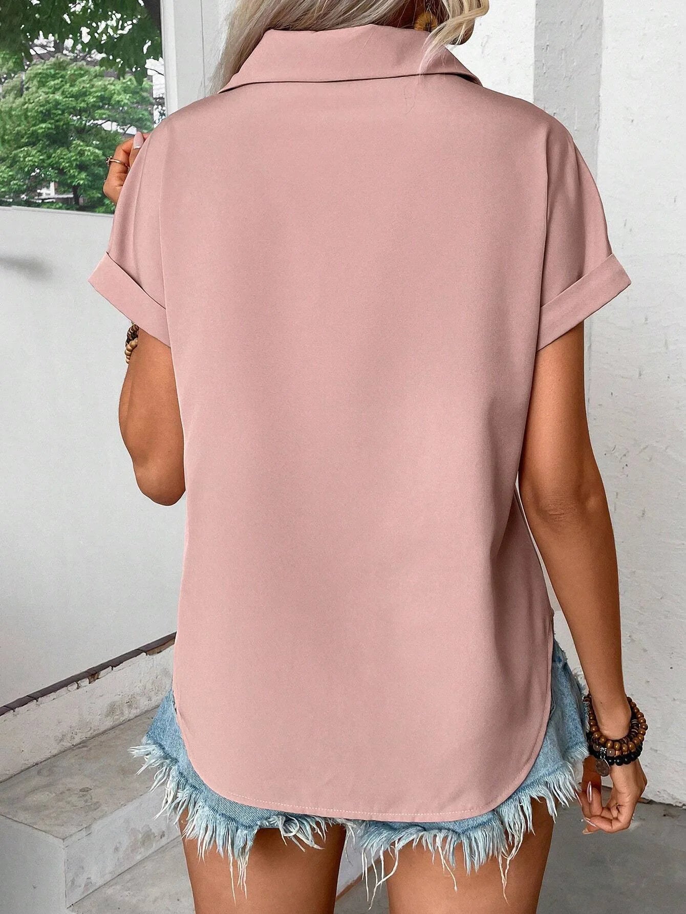 Women's Solid Color Buckle Lapel T-shirts™ Shoulder Pleated Flap Short-Sleeved Tops