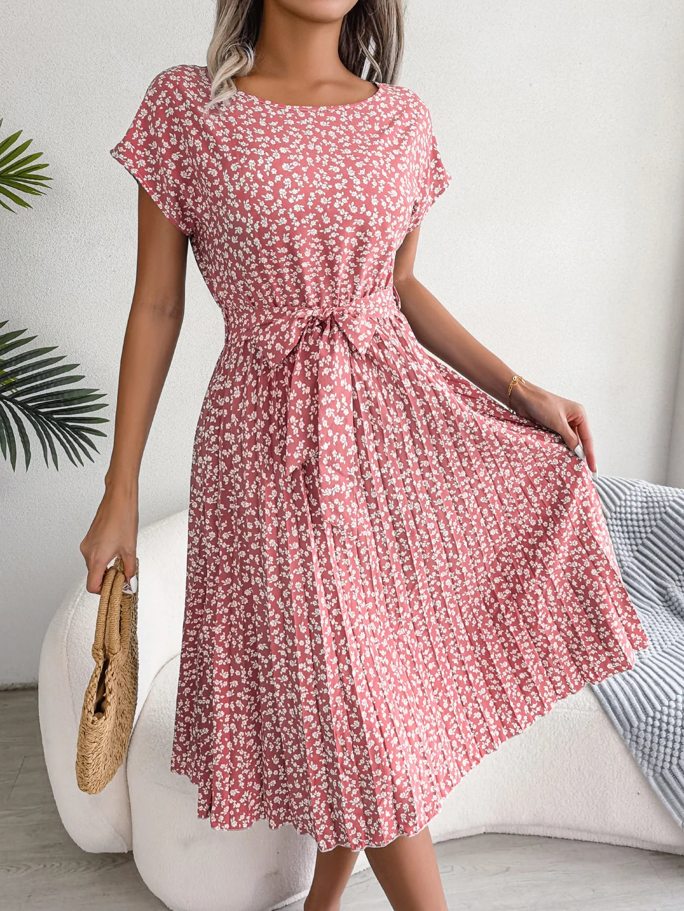 Women Dresses™ Spring Summer Short Sleeve High Waist Floral Pleated A Line Long Dress