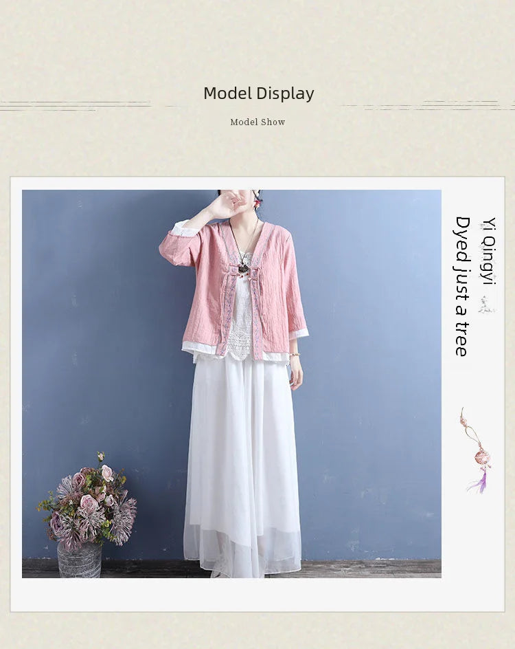 Women's V-neck Cotton Cable Knit T-shirt™ Double Button Seven Half Sleeve Vintage Cardigan