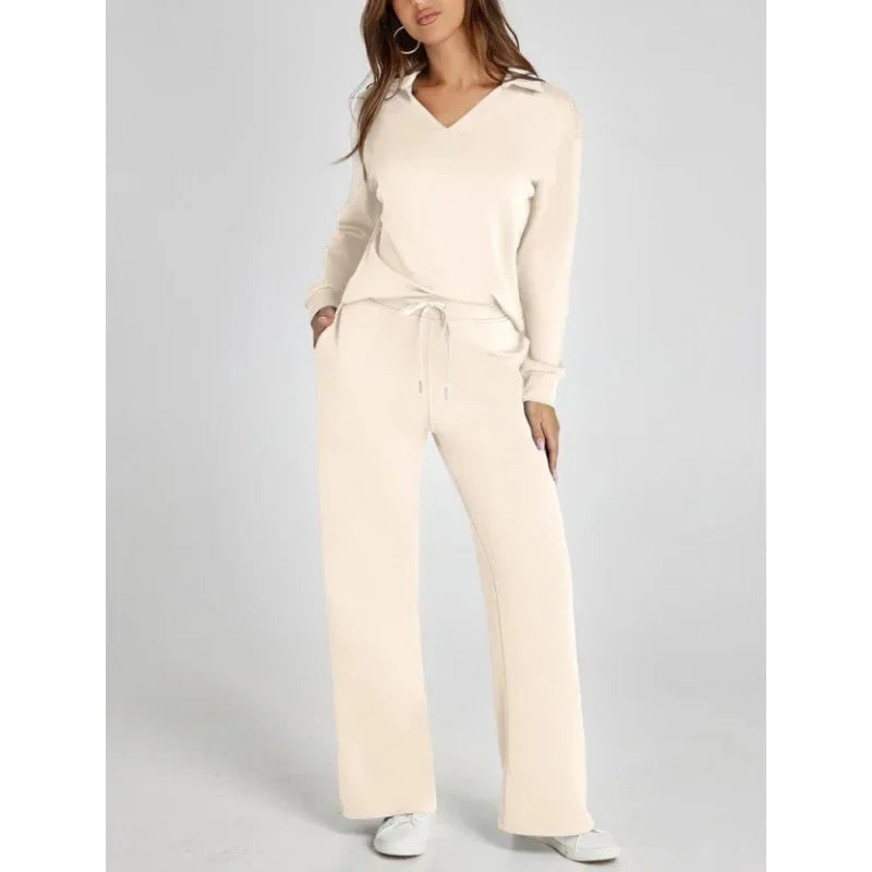Women's 2 Piece Set™ Loose Long Sleeve V-Neck Top with Drawstring Elastic Waist Bell BottomsSet