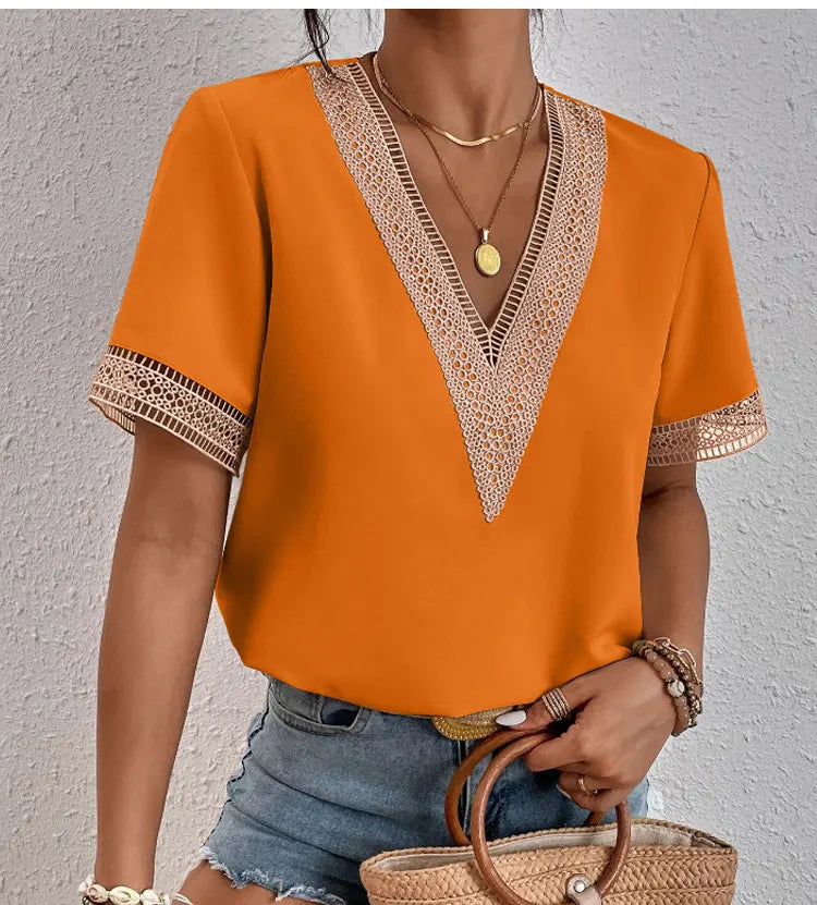 Women's Short Sleeve T-Shirt™ Summer Slim Fit Pullover Basic Tees V Neck Lace Tops Y2k Clothes