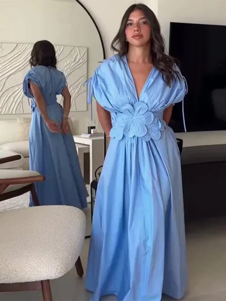 Women's V-Neck Blue Dress™ Waist-Fitted Bow-Decored Long Dress