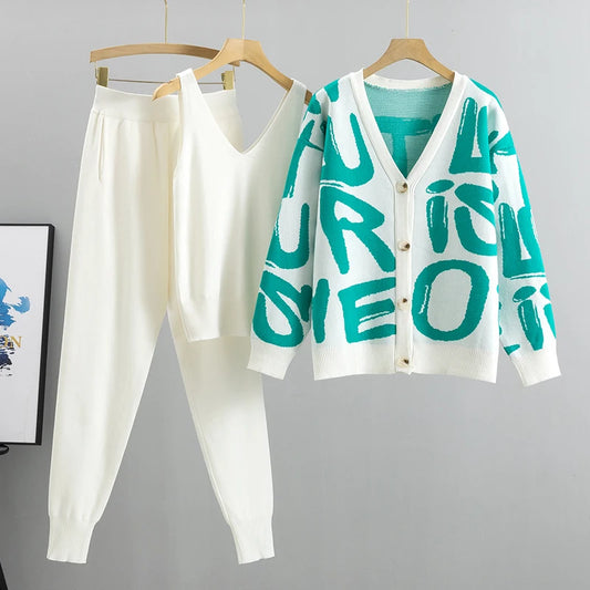 Women Tracksuit™ Spring Autumn 3 Piece Women Cardigan Tracksuits Knitted Pocket Pant Set Ladies Sweater