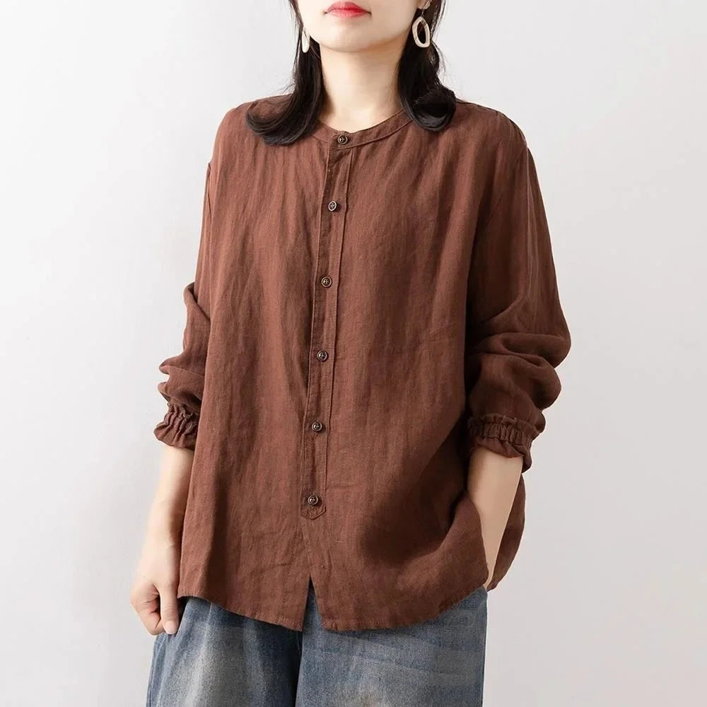 Women's Cotton Linen Shirts™ Loose Fit Round Neck Plus Lantern Sleeve Shirt