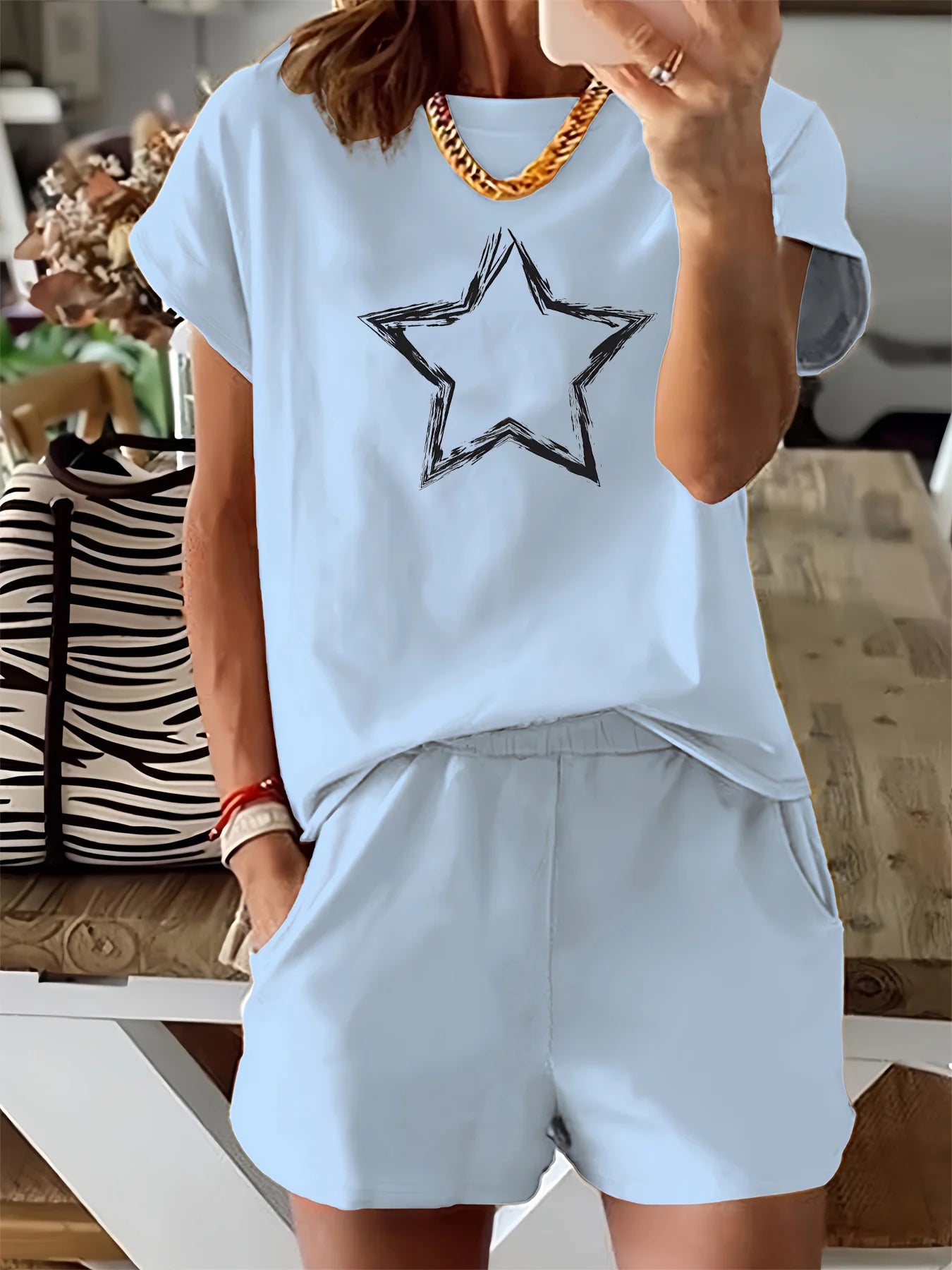 Women's Summer pattern printed shirt & shorts set™ loose round neck short sleeved T-shirt shorts two-piece set