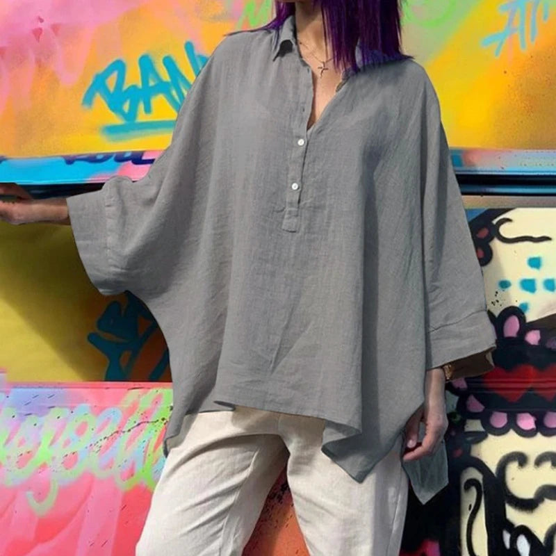 Women's Vintage Loose Cotton Shirts™ Punk Style Batwing Sleeve Polo Neck Blouses