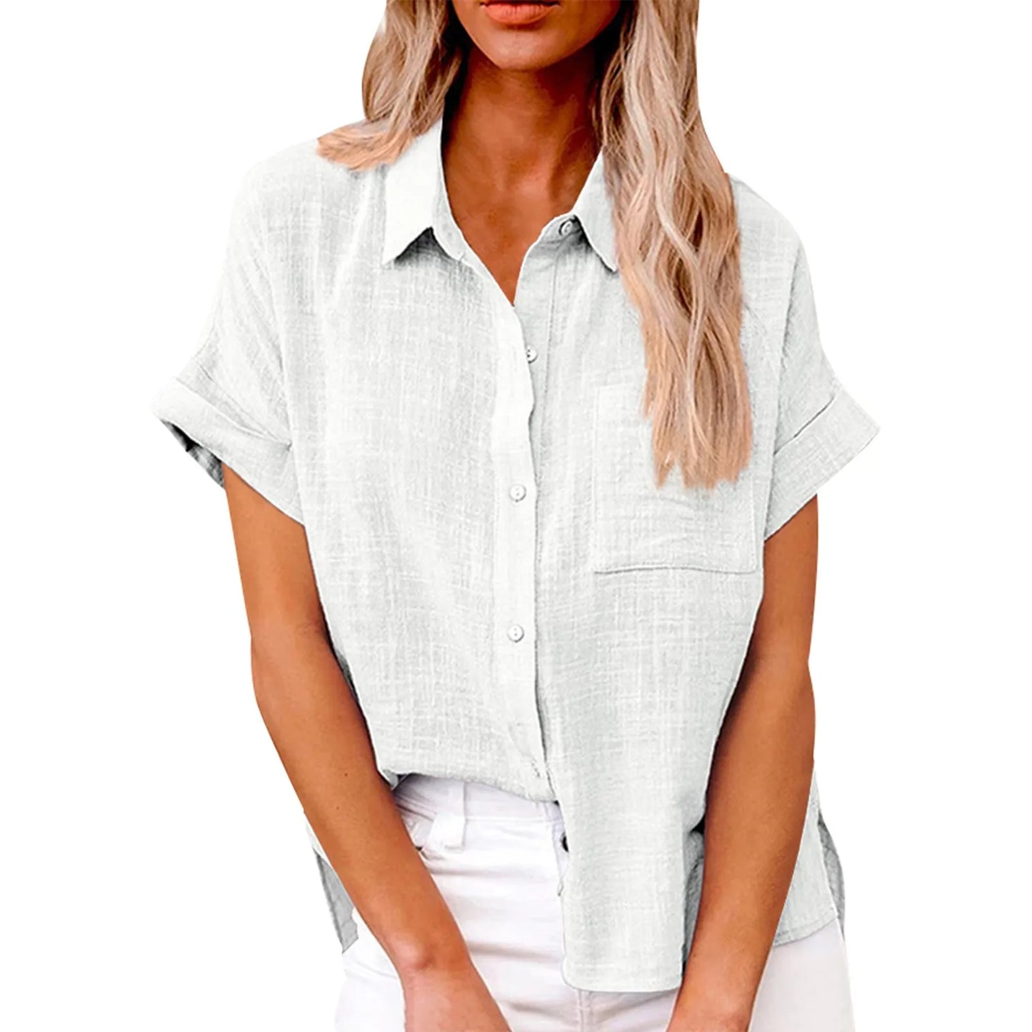 Women's  Cotton Linen Classic Shirts™ Short Sleeve Lapel Button Down Shirt