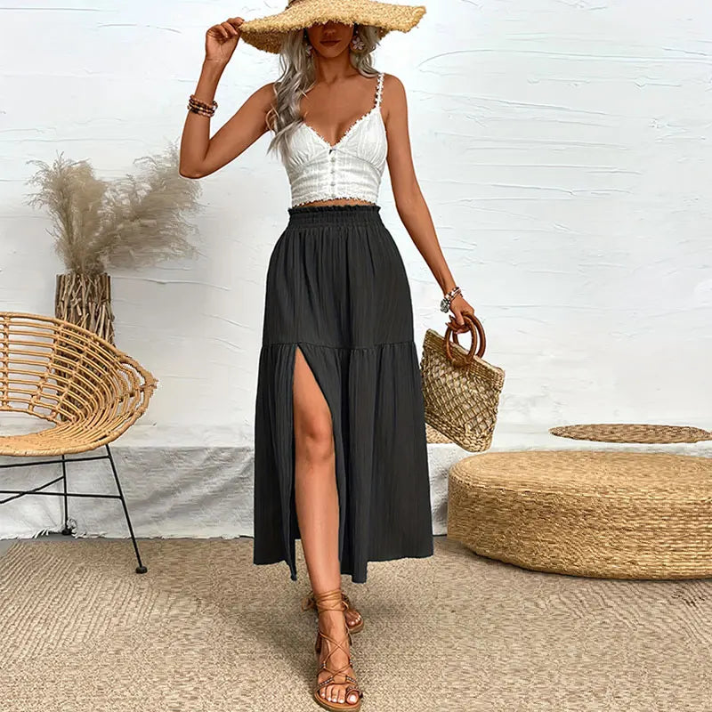 Women Bohemian Midi Skirt™ High Waist Solid A Line Ruffle Side Slit Skirts