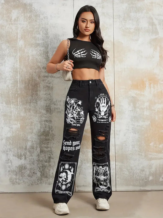 Women's Jeans™ Print Ripped Straight Jeans