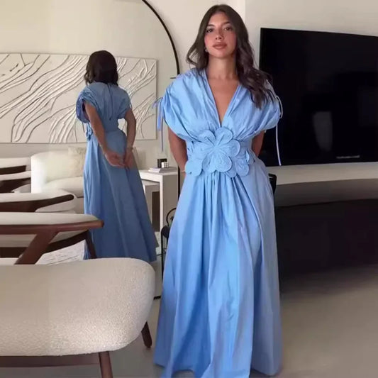 Women's V-Neck Blue Dress™ Waist-Fitted Bow-Decored Long Dress