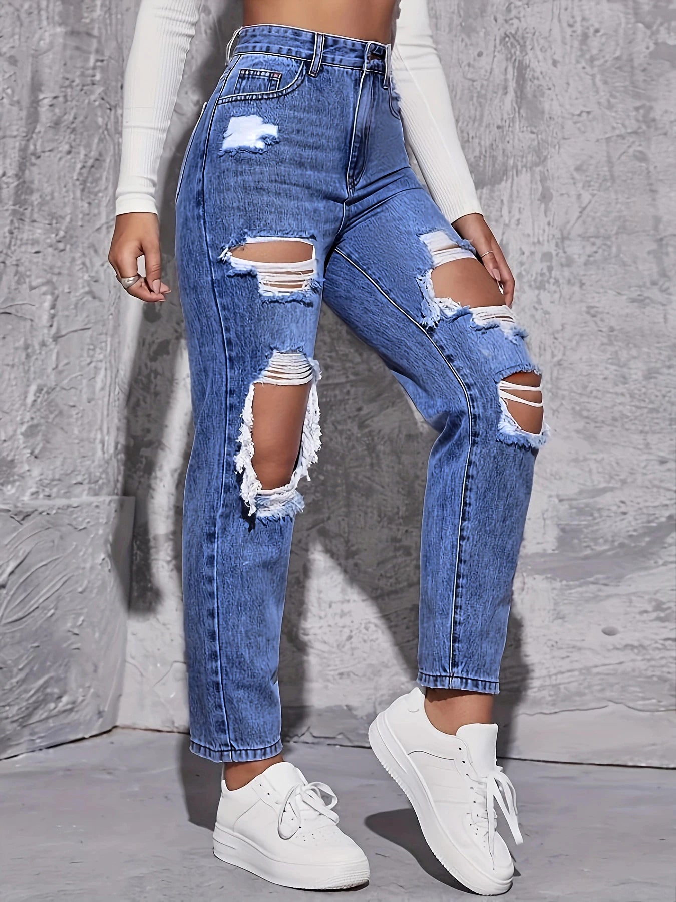 Women's Retro Hole-punched Jeans™ High Waist Straight Loose Slim Dragging Pants