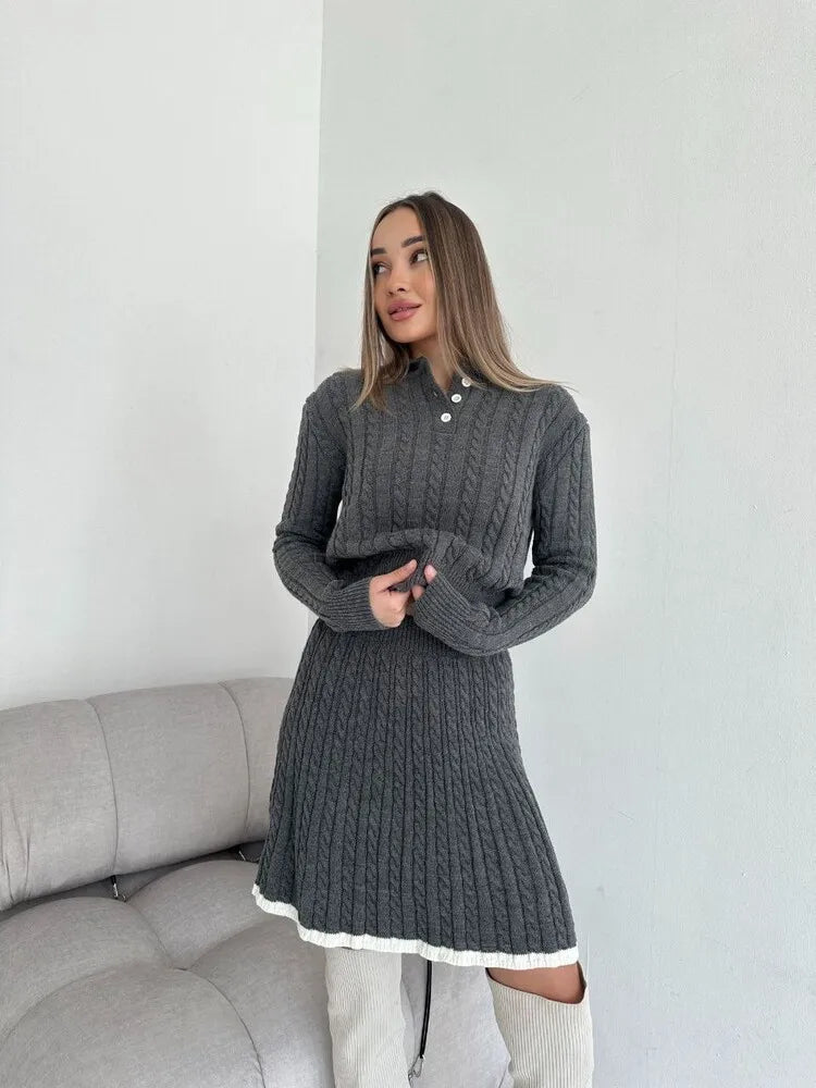 Women's Knitted Set™ Long Sleeve Lapel Buttons Knitting Sweater Short Skirt Sets