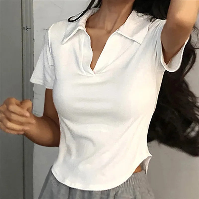 Women's Summer Short Sleeve Lapel Tops™ V-Neck Retro Slim Versatile Tee