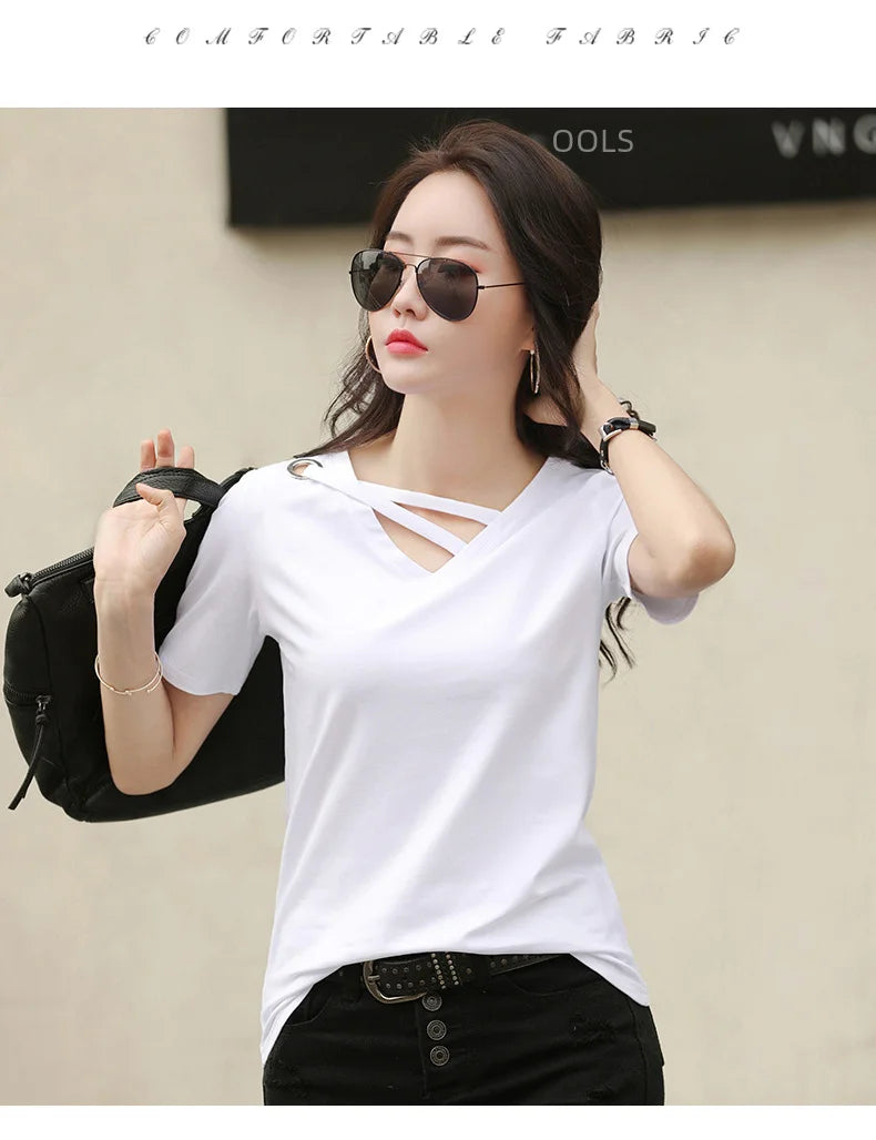 Women Short Sleeve Heart-neck T-shirt™ Half-sleeve Loose Tops