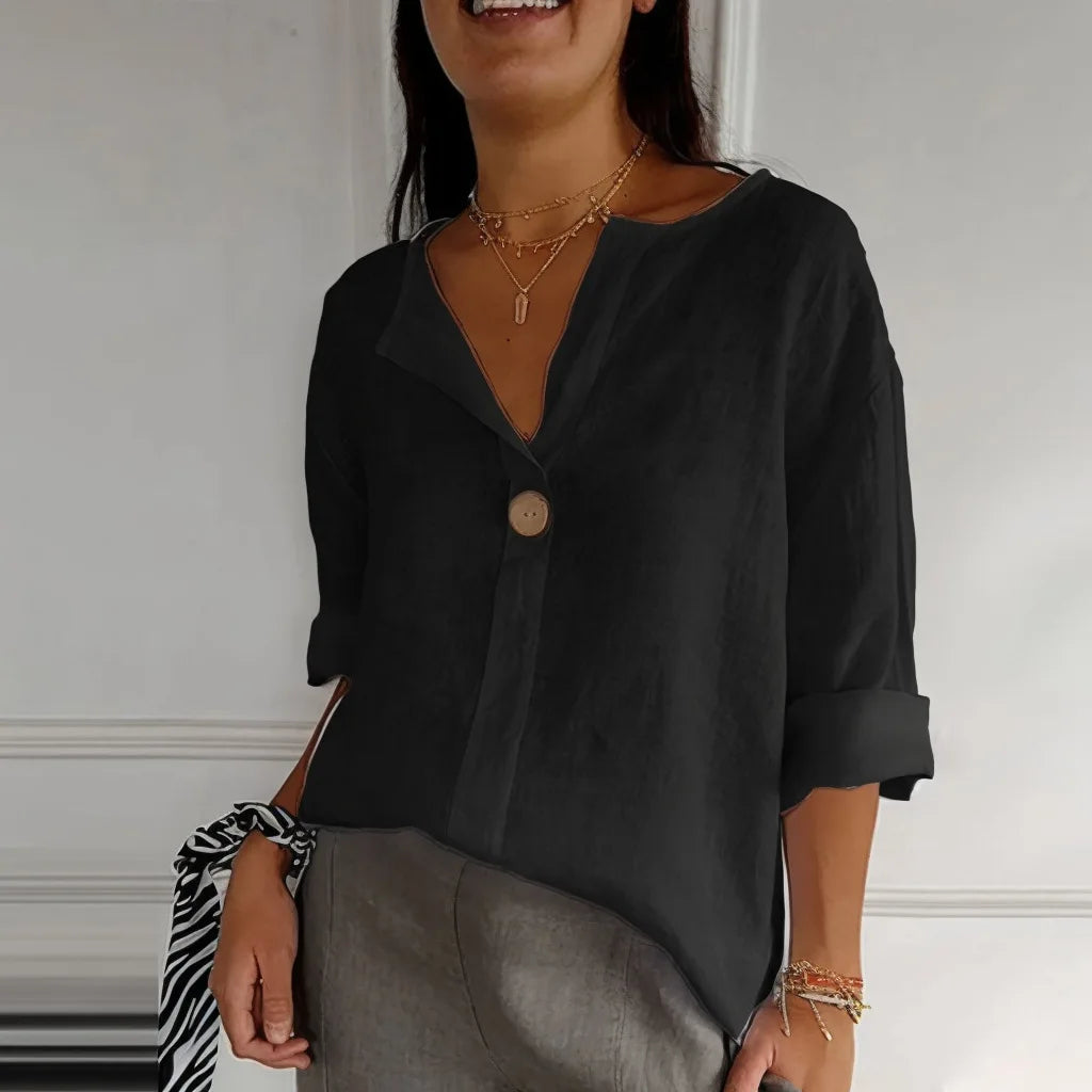 Women's Summer loose T-shirt™ V-neck cotton and linen button tops