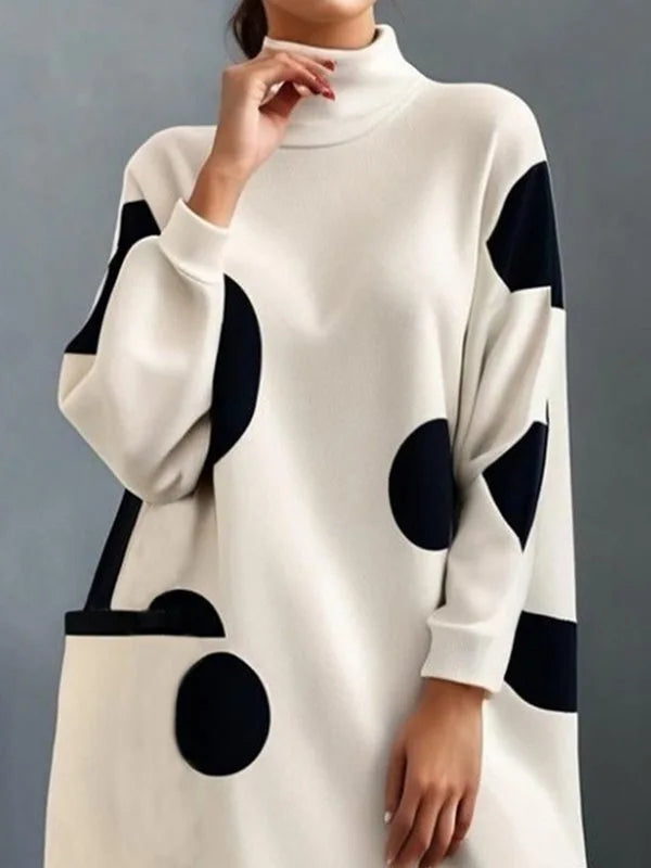 Women's Polka Dot Dress™ Krismile Long Sleeves Loose Pockets Mock Neck Dress