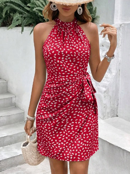 Women's Solid Colored Polka Dot Mini Dresses™ Sleeveless Lace Up Dress