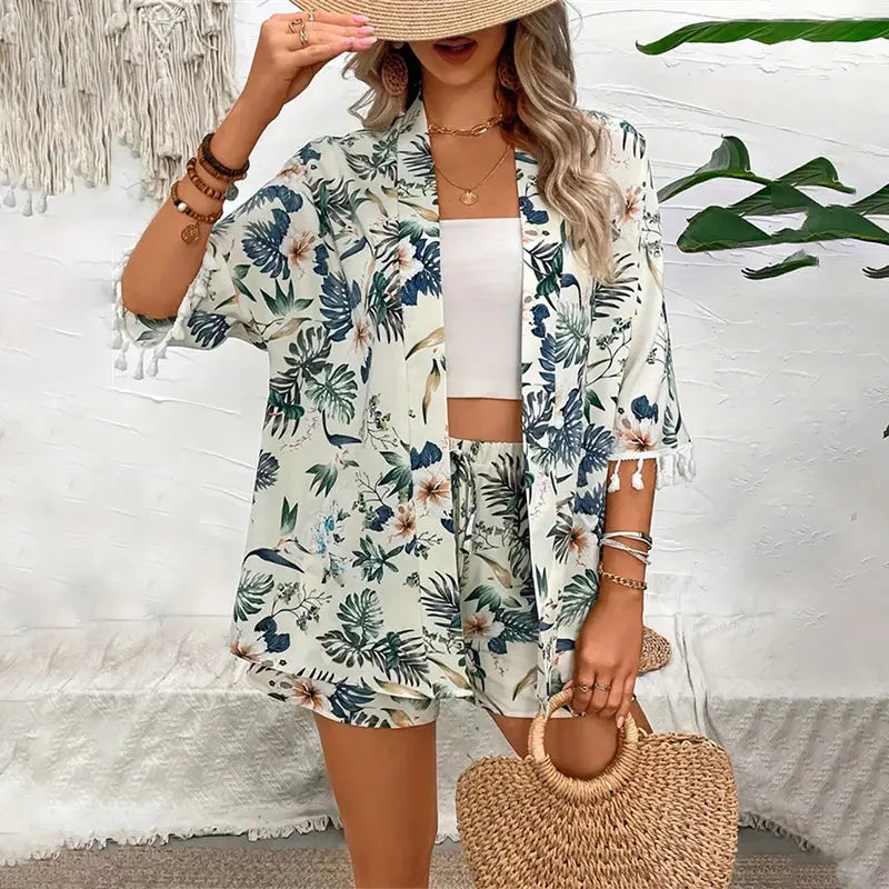 Women's Outfits™ Open-front Cardigan Smock Flower Printed Beach Shorts Summer Suits