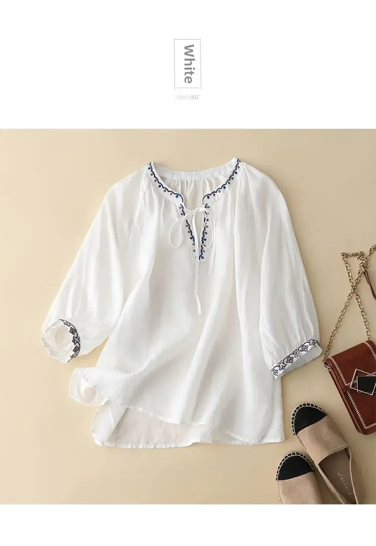 Women's Soft Cotton T-shirt™ V-neck 3/4 Sleeve Neckline Drawstring Summer Top