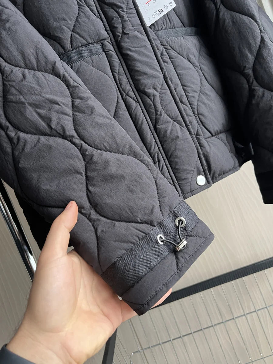 Women's Quilted Coat™ drawstring ties high neck pocket clip cotton jacket for women