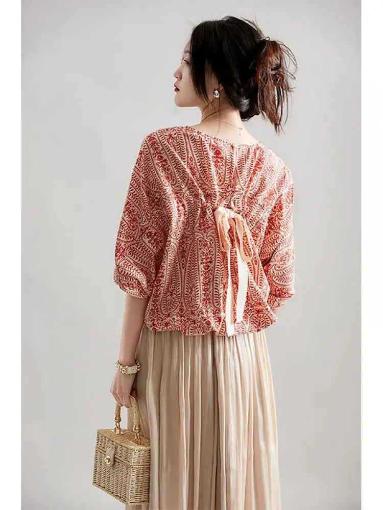 Women's Vintage Bow Bandage Print Shirts™ Korean Batwing Sleeve  Tops