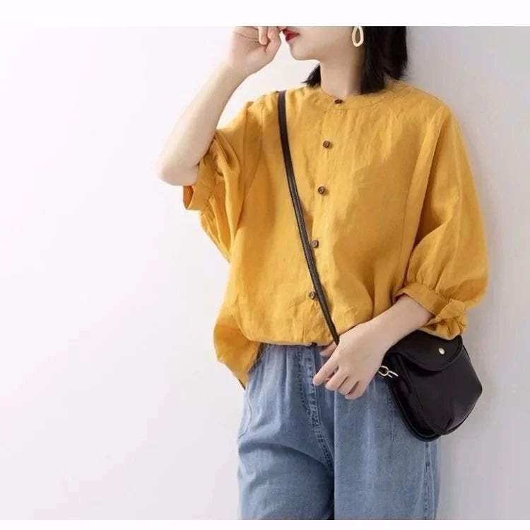 Women's Cotton Linen Shirts™ Loose Fit Round Neck Plus Lantern Sleeve Shirt