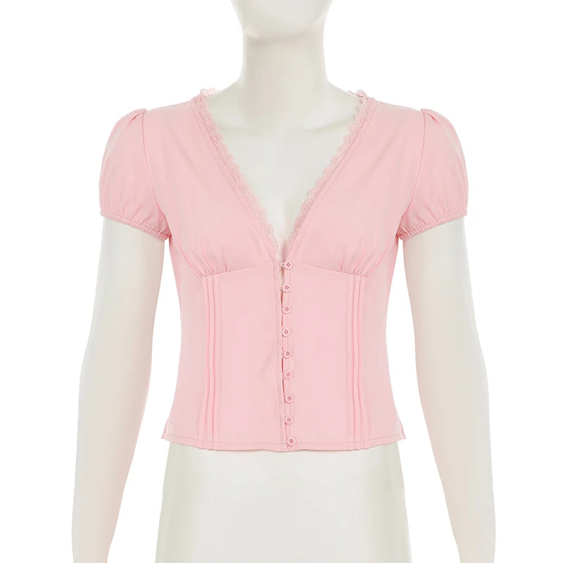 Women's Summer T-Shirt™  V-neck Lace Patchwork French Style Puff Sleeve White Blouse Y2K Aesthetics Cute Tops