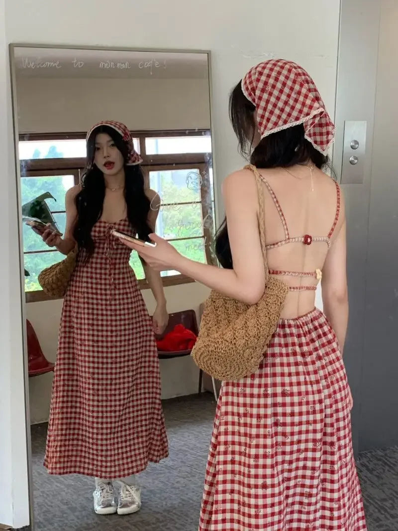 Women's Red Plaid Strapless Slim Fit Summer Dress™ French Style Backless Long Dress