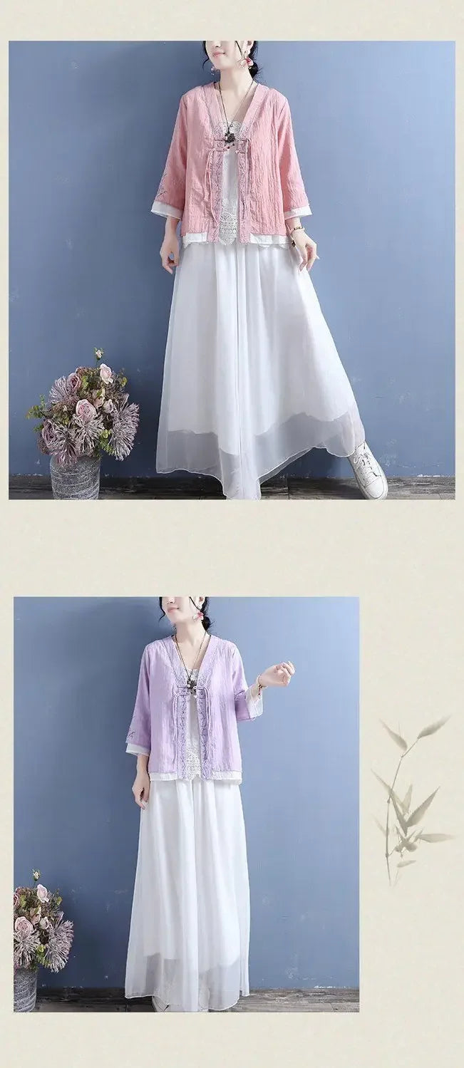 Women's V-neck Cotton Cable Knit T-shirt™ Double Button Seven Half Sleeve Vintage Cardigan