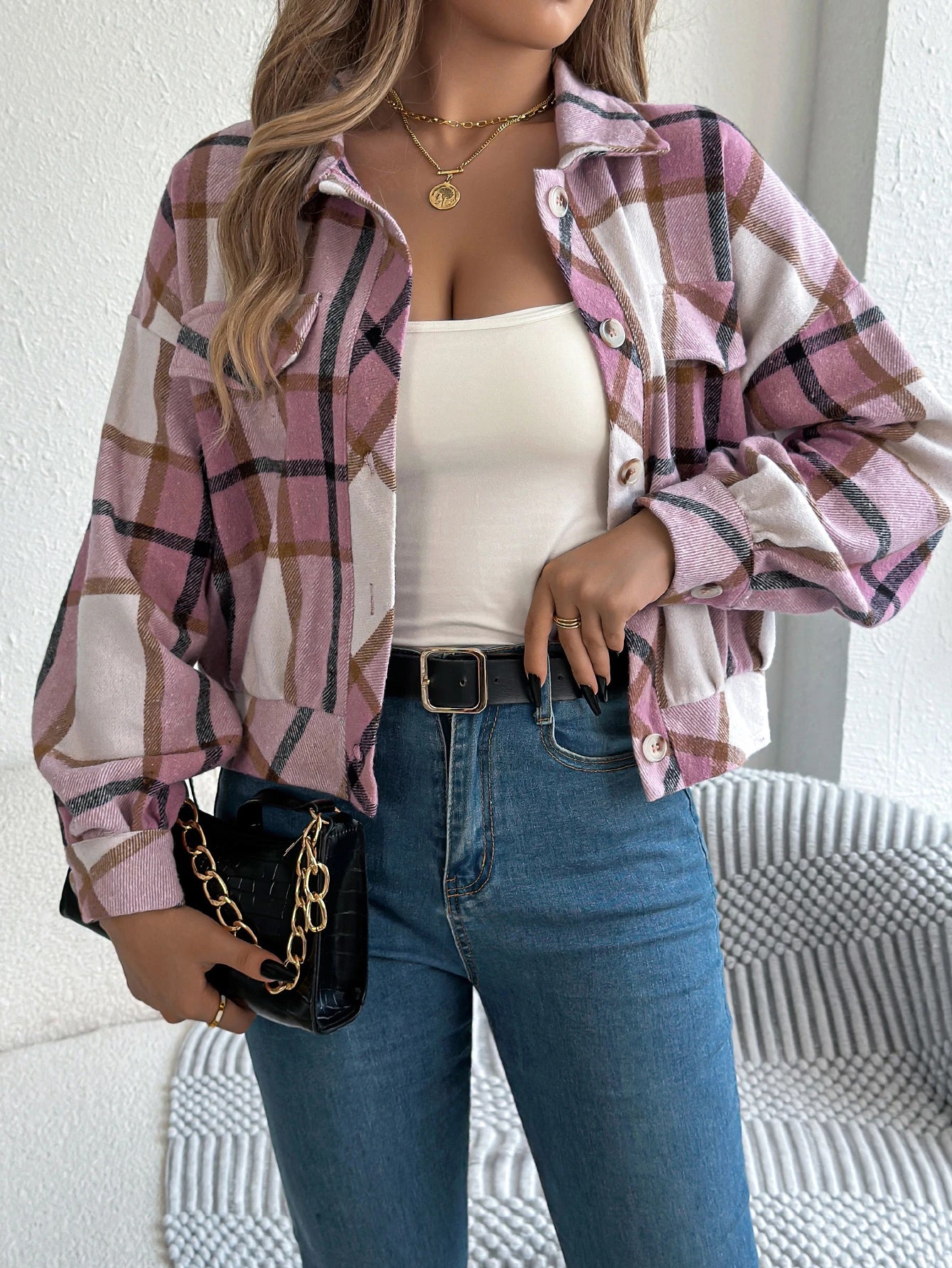 Women's Plaid Short Coat™ Lantern Long Sleeve Turn-Down Collar Button Woolen Jacket