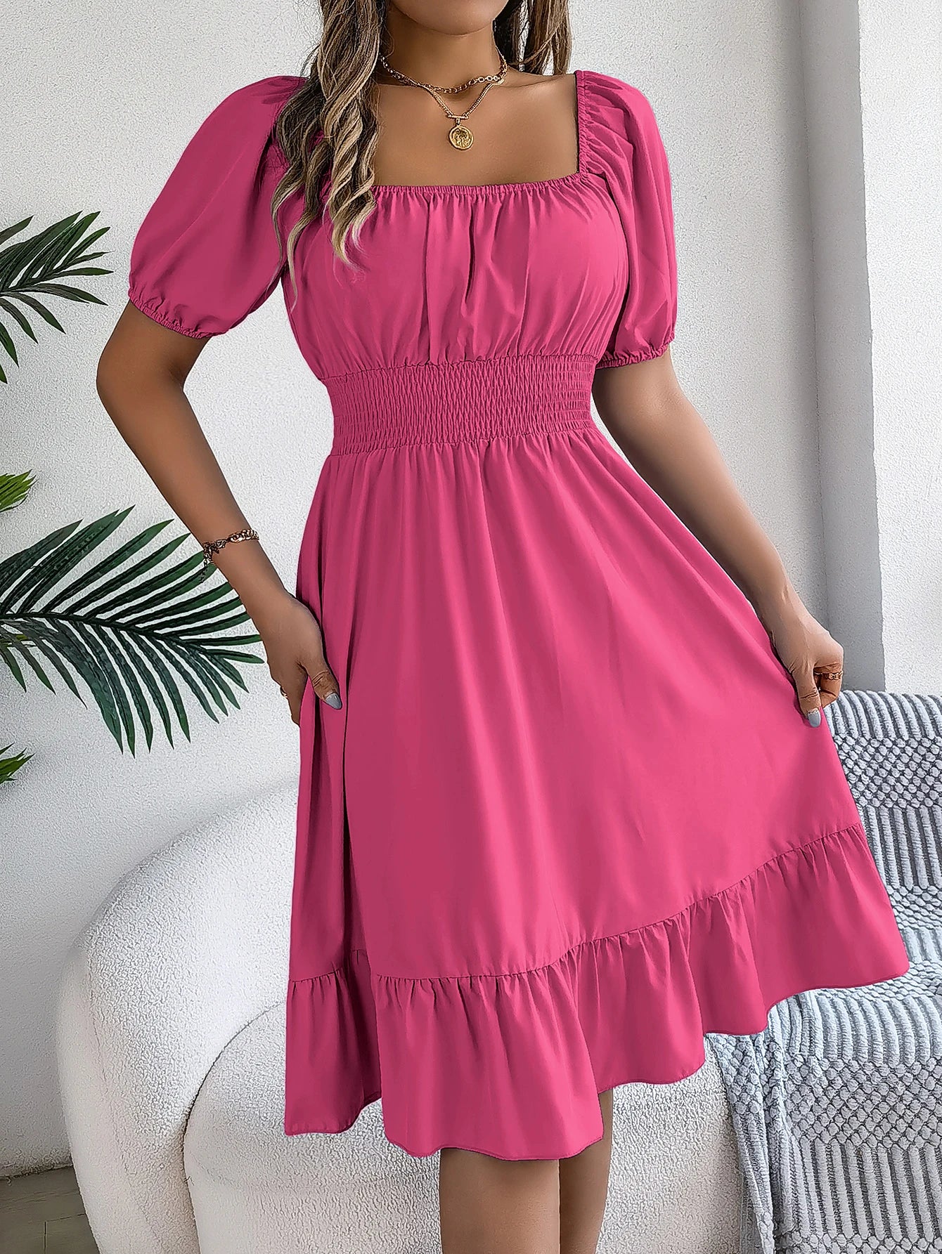 Women's Solid Puff Sleeve Square Neck Dress™ Ruched Bust Ruffle Hem Waist Dress,