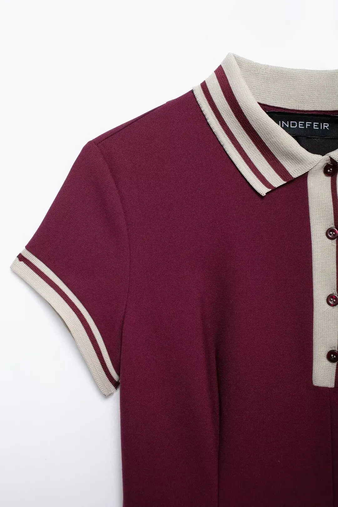 TRAFZA-Women's Burgundy Dress™ Contrasting Ribbed Lapel Buttons Classic Campus Dress