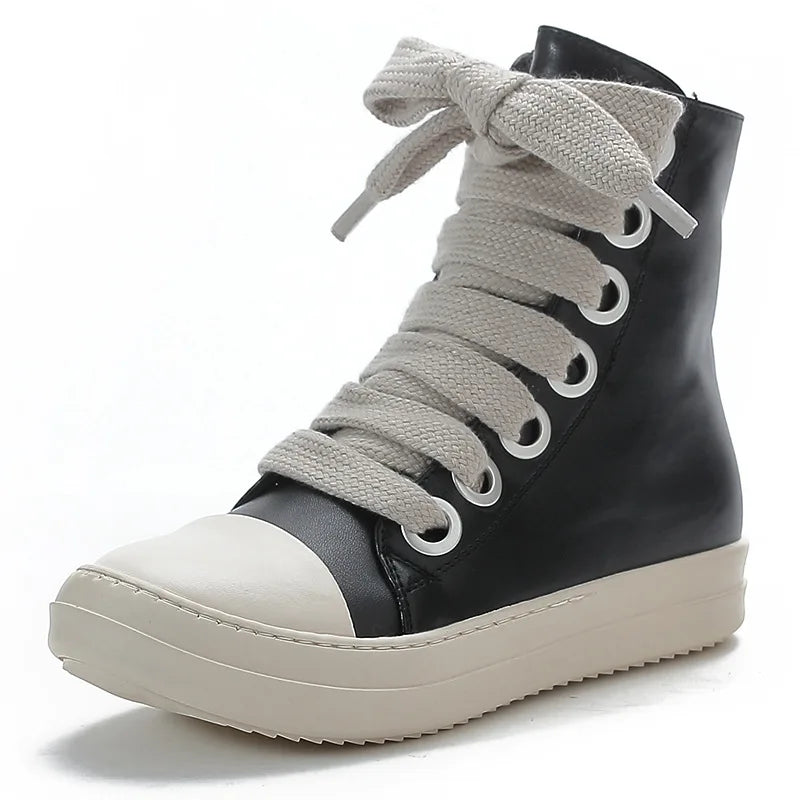 Women's Platform Sneakers™ Black Leather Zipper Lace Up Casual Shoes