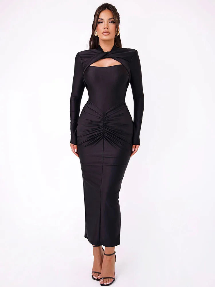 Women's Articat Tight Long Dress™ Elegant Long Sleeved Elastic Bodycon Pleated Hollowed Out Slim Dress